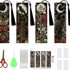 NEGEKFKX 4 Pcs Bohemia Moth Cross Stitch Bookmark Kits – DIY 14 CT Stamped Embroidery Set for Adults Beginners with Pre-Sorted Floss & Patterns