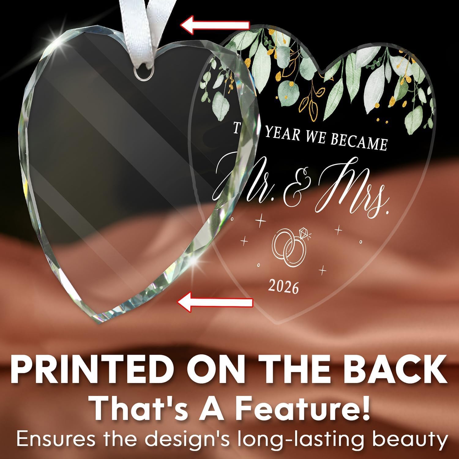 HEXMOZ Mr & Mrs 2026 Wedding Ornament - Heart Shaped Glass Christmas Decoration for Newlyweds, Couple Keepsake Gift, Bridal Shower Present with Elegant Gift Box