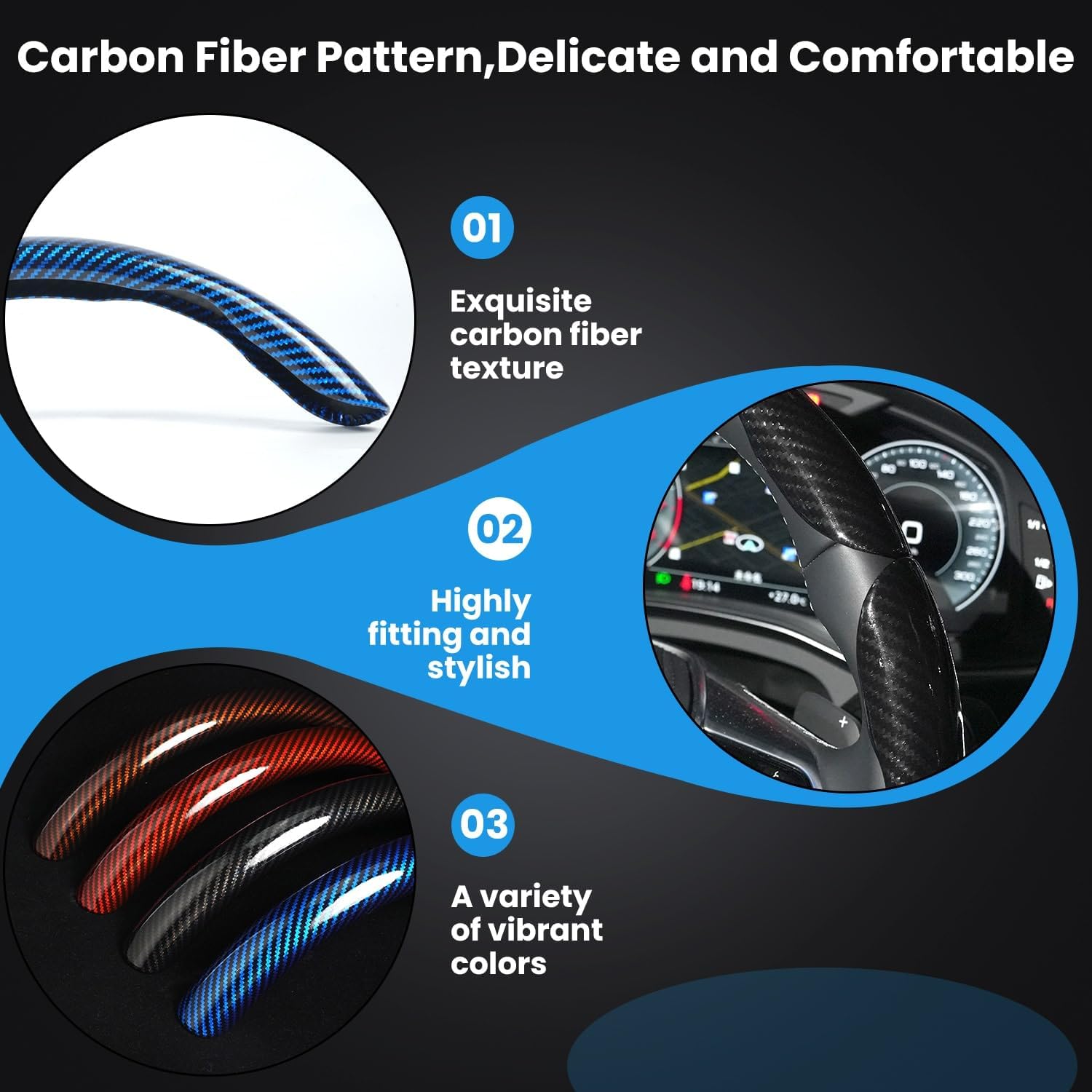 Carbon Fiber Steering Wheel Cover 3-Piece Set – Anti-Slip, Scratch-Resistant, Universal Fit for 14-16 Inch Wheels (Black)