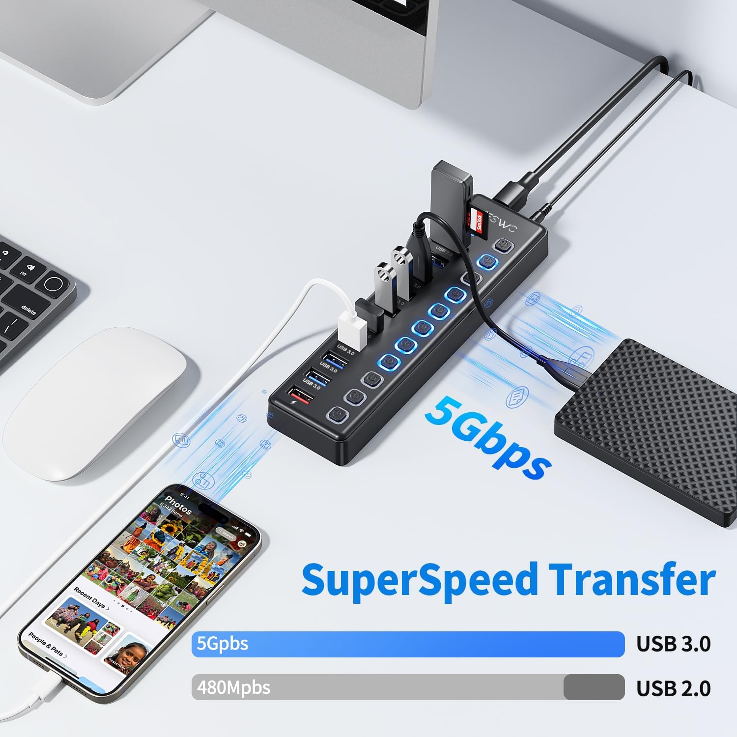 JESWO 11-Port USB 3.0 Hub with 36W Power Adapter – 10 Data Ports & 1 Smart Charging Port with Individual On/Off Switches and 5Gbps High-Speed Data Transfer for PC, Laptop, Mac