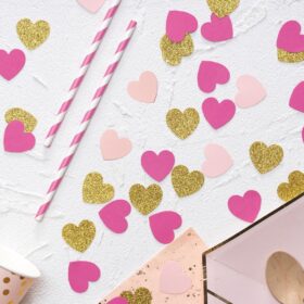 200-Piece Hot Pink & Gold Heart Confetti – 1.2 Inch Romantic Table Scatter for Weddings, Baby Showers, Valentine's & Bachelorette Parties