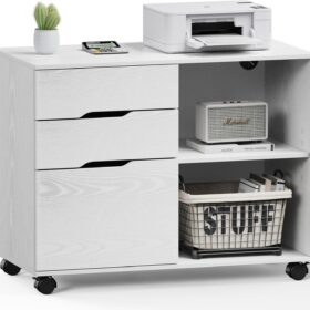 DUMOS Mobile Lateral File Cabinet with 3 Drawers – Rolling Wood Storage Organizer with Wheels, Adjustable Shelf, and Printer Stand – Versatile Office & Home Filing Solution (White)