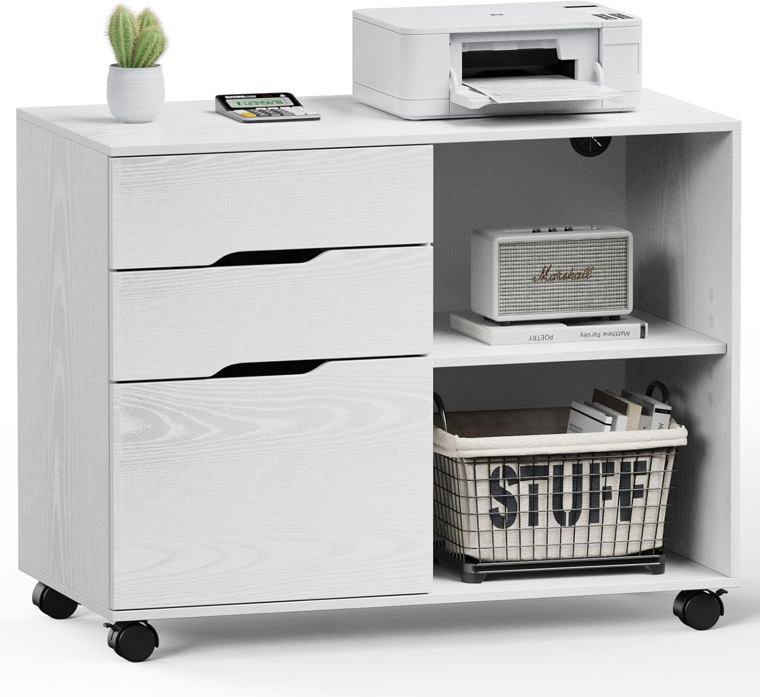 DUMOS Mobile Lateral File Cabinet with 3 Drawers – Rolling Wood Storage Organizer with Wheels, Adjustable Shelf, and Printer Stand – Versatile Office & Home Filing Solution (White)
