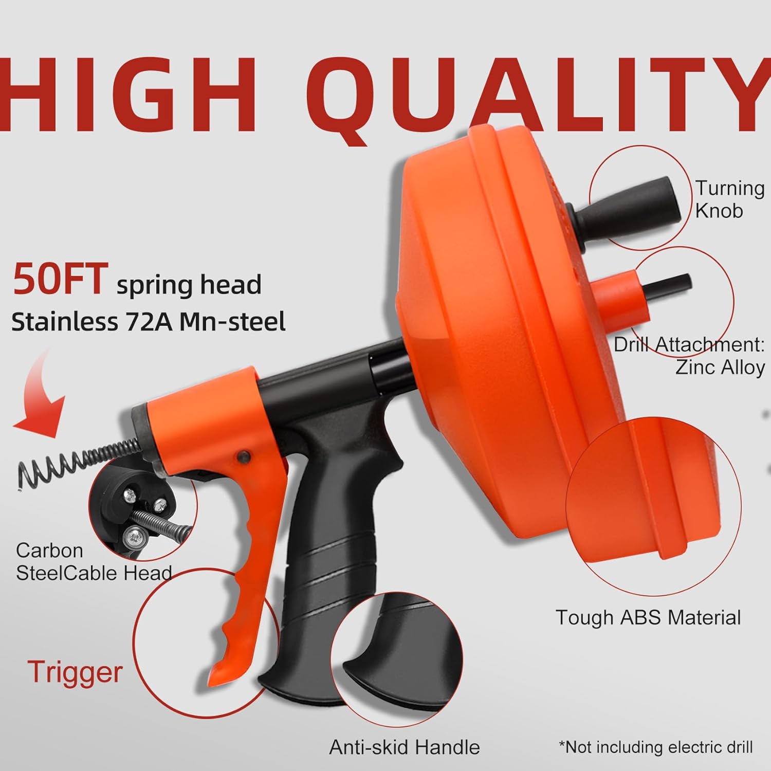 50FT Drain Snake with Auto-Feed - Drill Powered or Manual Plumbing Auger for Sink, Shower, and Bathtub Clog Removal - Includes Gloves & Storage Bag