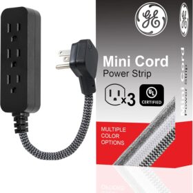 GE Designer 3-Outlet Power Strip with 1 Ft Braided Extension Cord, Flat Plug & Tangle-Resistant Fabric – Indoor Mini Cord for Home Office & Entertainment (Black, 45191)