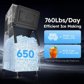 760LB Commercial Ice Maker Machine – 650LB Storage Bin, 5-15 Min Fast Ice Production, 30-Thickness Settings, Self-Cleaning Stainless Steel Unit for Bars, Restaurants, and Hotels