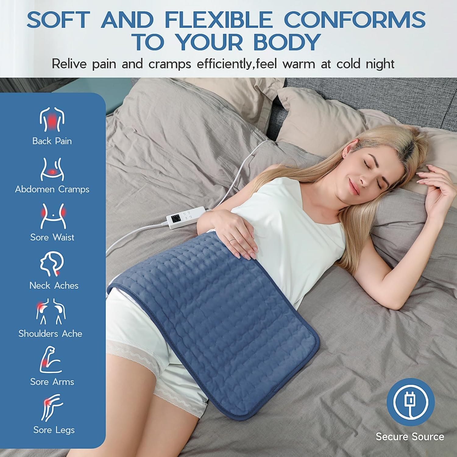 Vilicert Electric Heating Pad for Back Pain & Cramps - Fast Heating, 6 Temp Settings, Auto-Off, Ultra-Soft Machine Washable Heat Therapy for Neck, Shoulder, Menstrual Relief & Muscle Relaxation