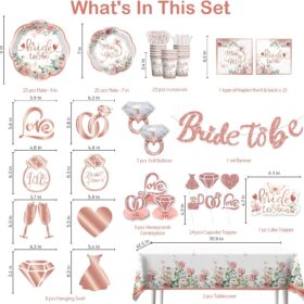 Rose Gold Bridal Shower Decorations - 191 Pct All-in-One Bachelorette Party Supplies & Tableware Set for 25 Guests
