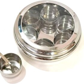 Premium Stainless Steel Masala Dabba - Transparent Spice Box with 7 Cups, 1 Spoon & Clear Lid - Traditional Indian Spice Storage Container for Kitchen Organization