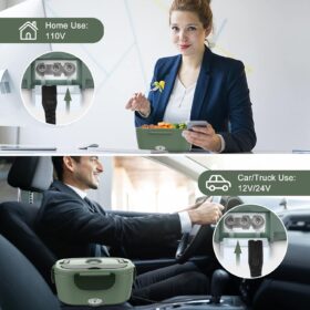 Vabaso 80W Electric Heated Lunch Box – Portable Food Warmer for Car, Truck & Work – 1.5L 304 Stainless Steel Container – Home (110V) & Travel (12V/24V) – Leak Proof with Cutlery