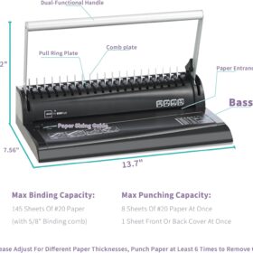 Binditek 19-Hole Comb Binding Machine – Professional 145-Sheet Capacity Document Binder with 30 x 1/2-Inch Binding Spines and Starter Kit, Ideal for Office & School Use