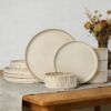 ALOFMO Ribbed Stoneware Dinnerware Set - Service for 4 (12-Piece), Chip & Scratch Resistant Plates and Bowls - Dishwasher & Microwave Safe Tableware - Elegant Beige
