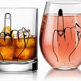 Mr. & Mrs. Ring Finger Wine & Whiskey Glass Set – Funny Engagement, Wedding, or Bridal Shower Gift for Couples
