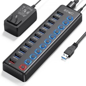 JESWO 11-Port USB 3.0 Hub with 36W Power Adapter – 10 Data Ports & 1 Smart Charging Port with Individual On/Off Switches and 5Gbps High-Speed Data Transfer for PC, Laptop, Mac
