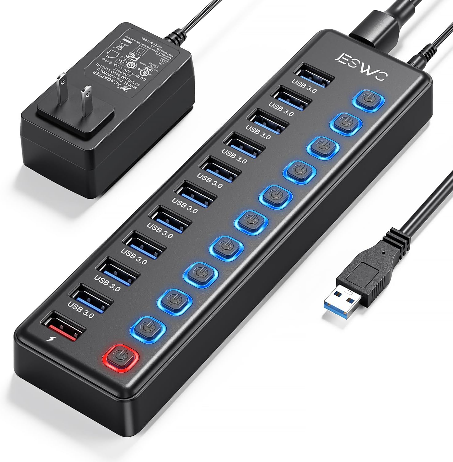 JESWO 11-Port USB 3.0 Hub with 36W Power Adapter – 10 Data Ports & 1 Smart Charging Port with Individual On/Off Switches and 5Gbps High-Speed Data Transfer for PC, Laptop, Mac