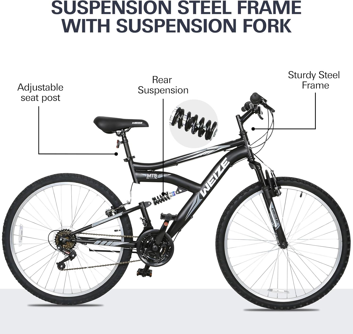WEIZE 27.5/26 inch Mountain Bike for Adults & Teens - 18-Speed Dual Suspension MTB with High-Carbon Steel Frame and All-Terrain Tires