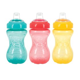 Nuby 3-Pack No-Spill Toddler Sippy Cups with Soft Silicone Spouts – Easy Grip, Bite Resistant, BPA Free – Aqua, Coral, Yellow