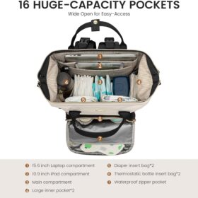 LOVEVOOK Diaper Bag Backpack with Changing Station – Large 16-Pocket Waterproof Travel Bag for Mom & Dad, Black-Beige