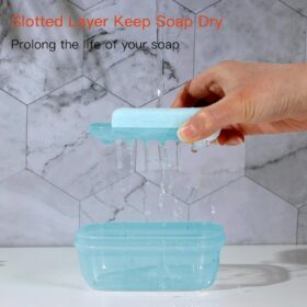 Quatish Leakproof Travel Soap Case with Lid & Draining Tray – Shatterproof Portable Soap Container for Gym, Camping & Bathroom Storage (Clear Blue)