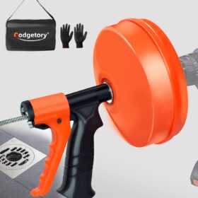 50FT Drain Snake with Auto-Feed - Drill Powered or Manual Plumbing Auger for Sink, Shower, and Bathtub Clog Removal - Includes Gloves & Storage Bag