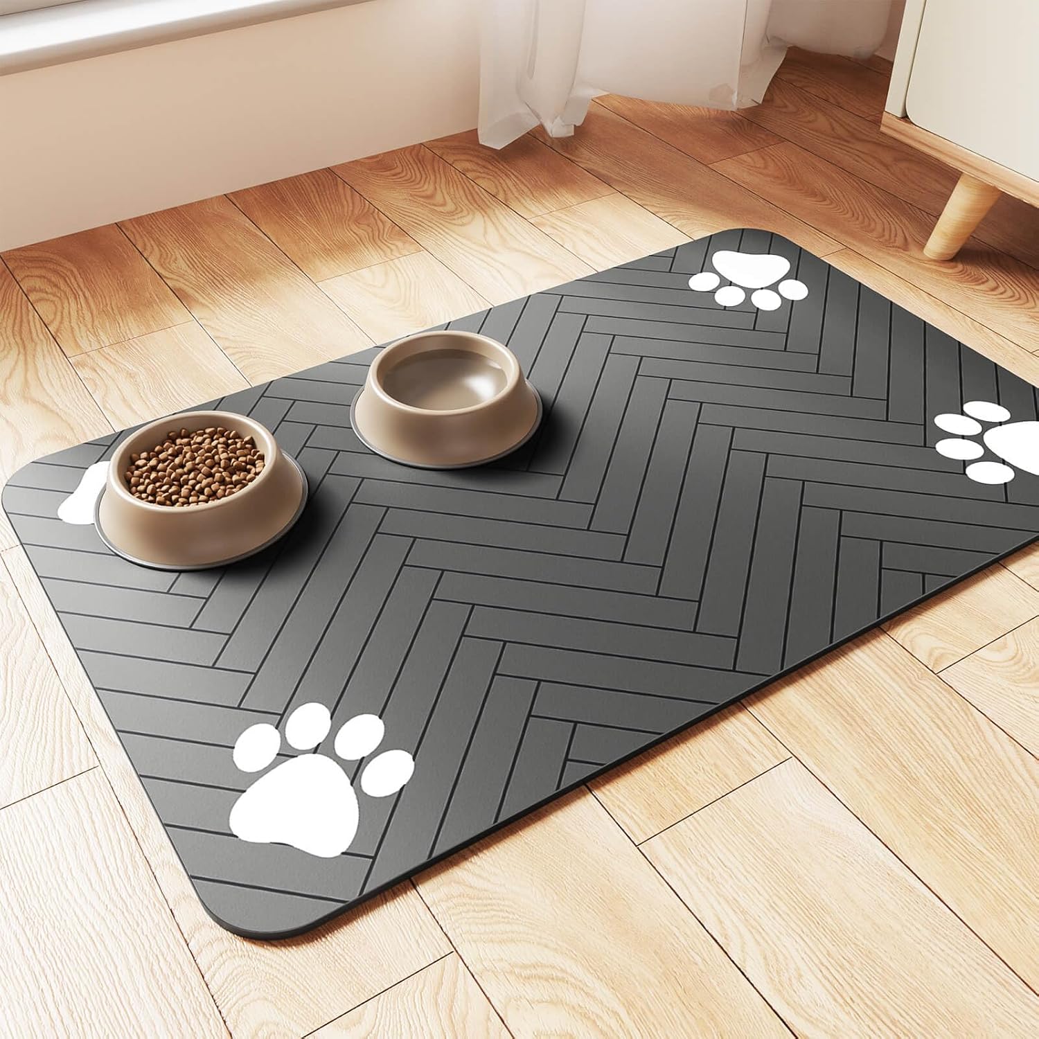 Premium Absorbent Pet Feeding Mat - Waterproof & Non-Slip Dog Cat Placemat - Quick Dry Food Bowl Mat for Floor Protection - Washable & Durable (Dark Gray Striped, 20"x12")