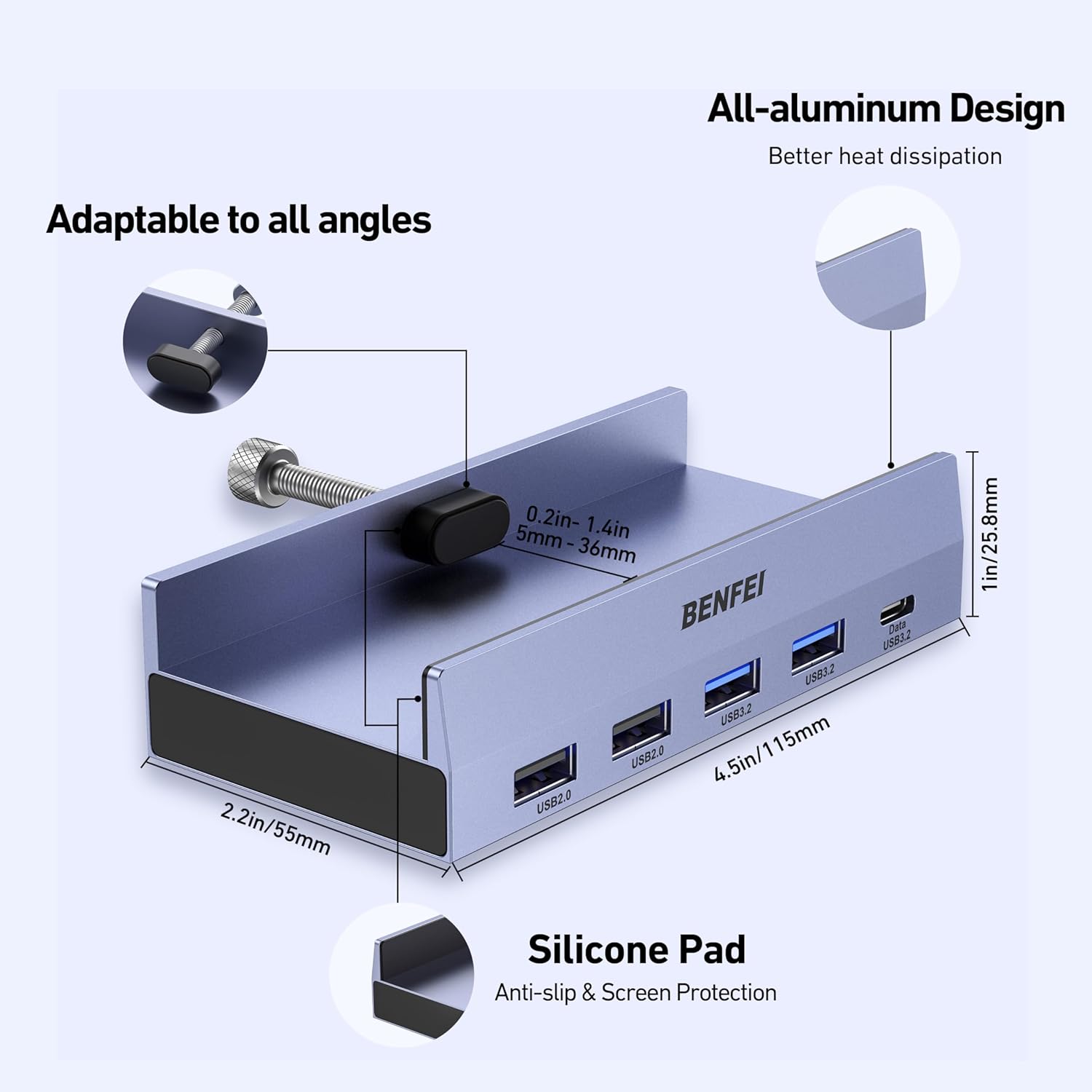BENFEI 8-in-1 USB C Hub with Clamp – 4K@60Hz HDMI, 10Gbps Data, 100W PD & Gigabit Ethernet – Space-Saving Design for MacBook Pro, iPad Pro, iMac & More