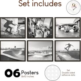 Skateboard Wall Art for Boys Room - 6 Pc Black and White Skater Decor, Vintage Skateboarding Posters for Bedroom, Bathroom & Teen Room Decor (8x10 UNFRAMED)
