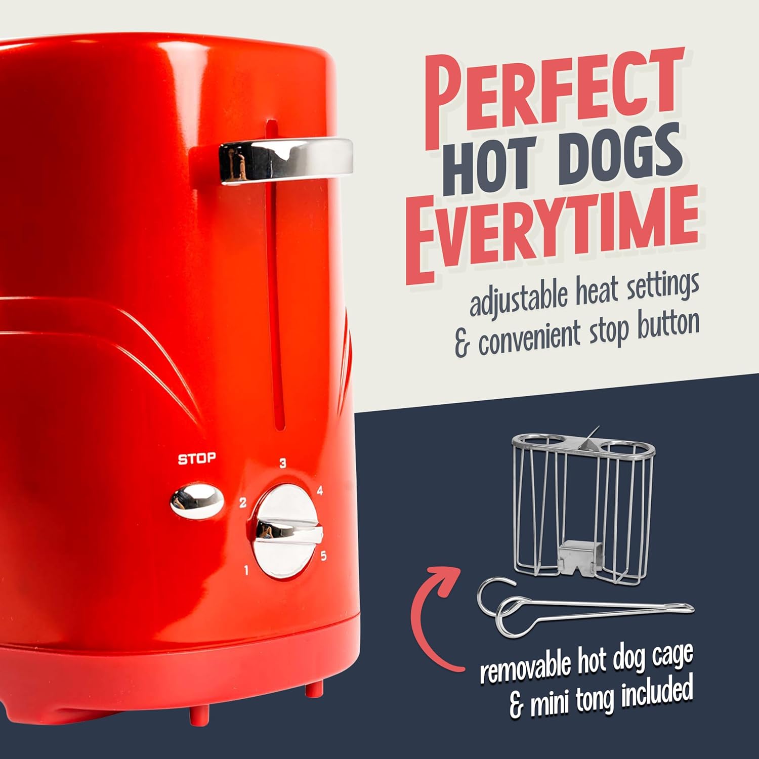 Nostalgia HDT600RETRORED Retro Series 2-Slot Hot Dog and Bun Toaster – Rapid Cooker for Beef, Chicken, Veggie Links & More, Includes Mini Tongs