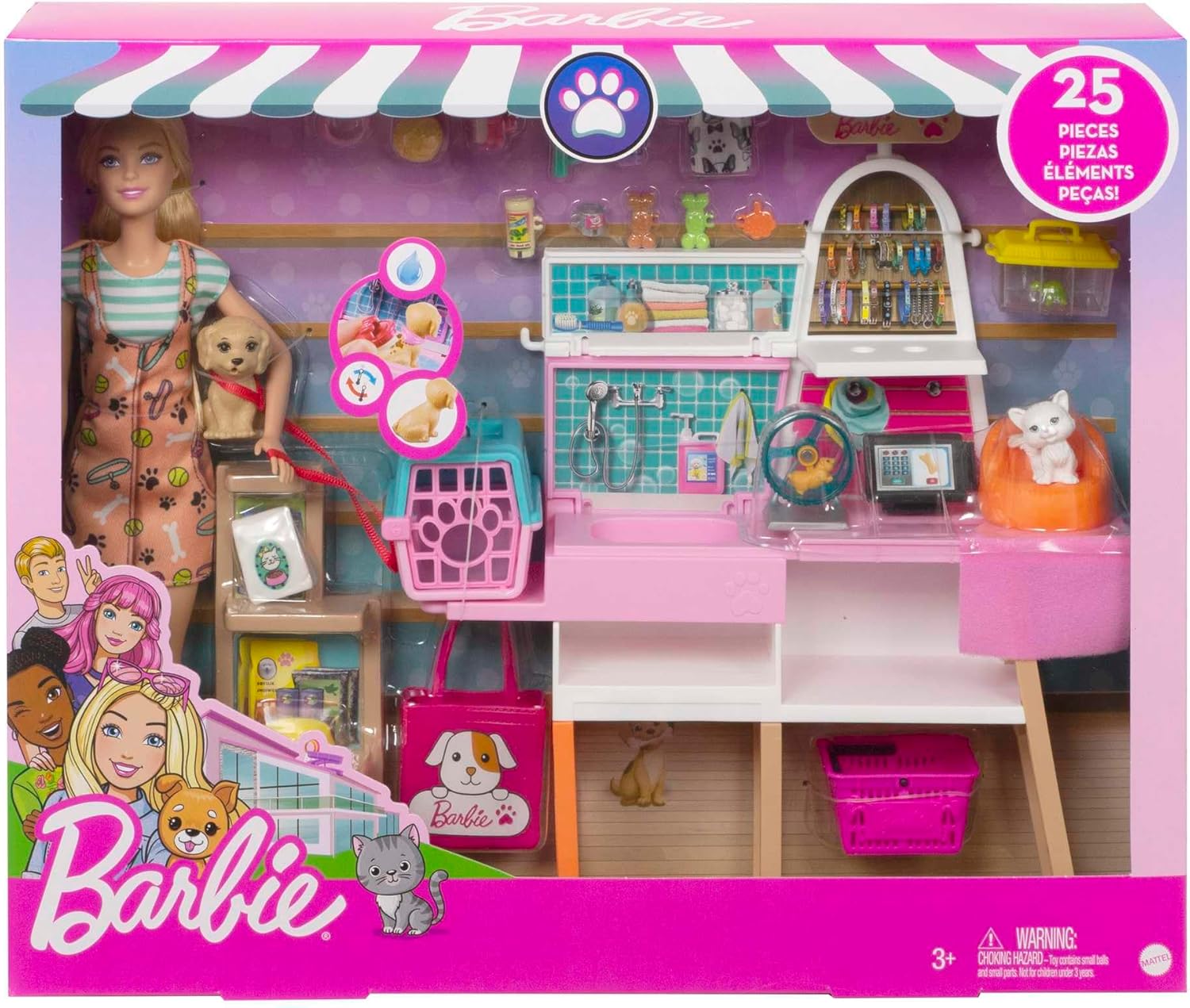 Barbie Pet Boutique Playset with Blonde Doll & 4 Pets, Color-Change Grooming Station & 20+ Accessories
