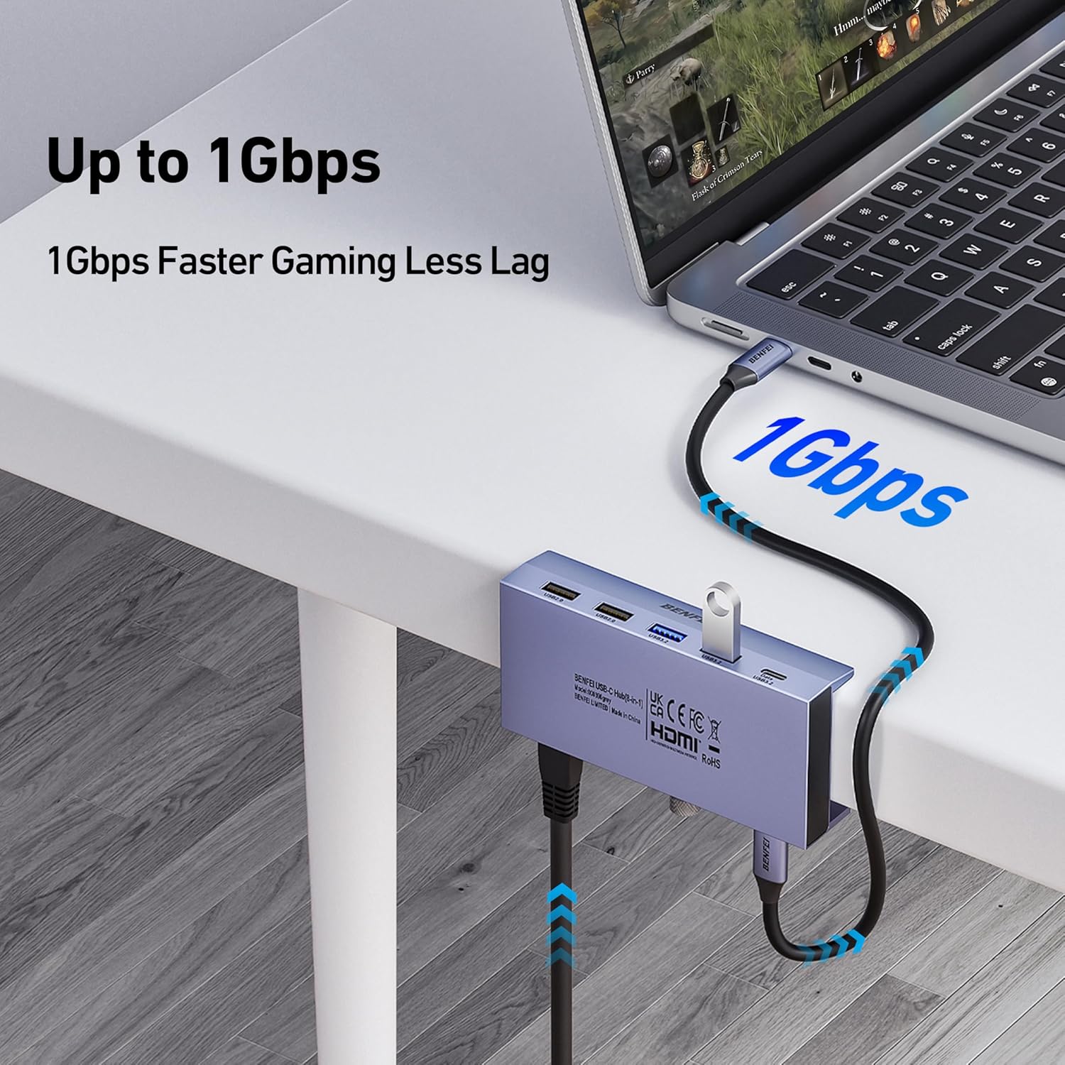 BENFEI 8-in-1 USB C Hub with Clamp – 4K@60Hz HDMI, 10Gbps Data, 100W PD & Gigabit Ethernet – Space-Saving Design for MacBook Pro, iPad Pro, iMac & More