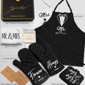 Mr. & Mrs. Apron Set for Couples - 8-Piece Matching Kitchen Gift Box with Oven Mitts & Ring Dish - Perfect Wedding, Engagement, Anniversary, or Housewarming Present