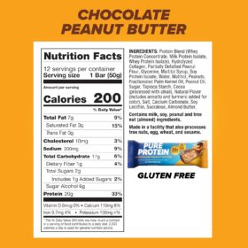Pure Protein Chocolate Peanut Butter Bars – High Protein, Low Sugar Snack (12 Count) – 20g Protein, Gluten Free