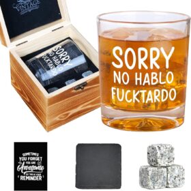 Ithmahco 'Sorry No Hablo Fuctardo' Whiskey Glass Set with Stones & Wooden Gift Box – Funny Gag Gift & White Elephant Idea for Men
