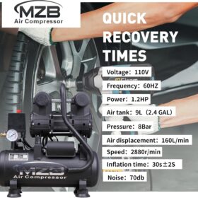 MZB 2.4 Gallon Ultra Quiet Oil-Free Air Compressor - 1.2HP Portable 110V Electric, 5.65CFM @ 115PSI with Wheels for Spray Painting, Auto Repair & Carpentry