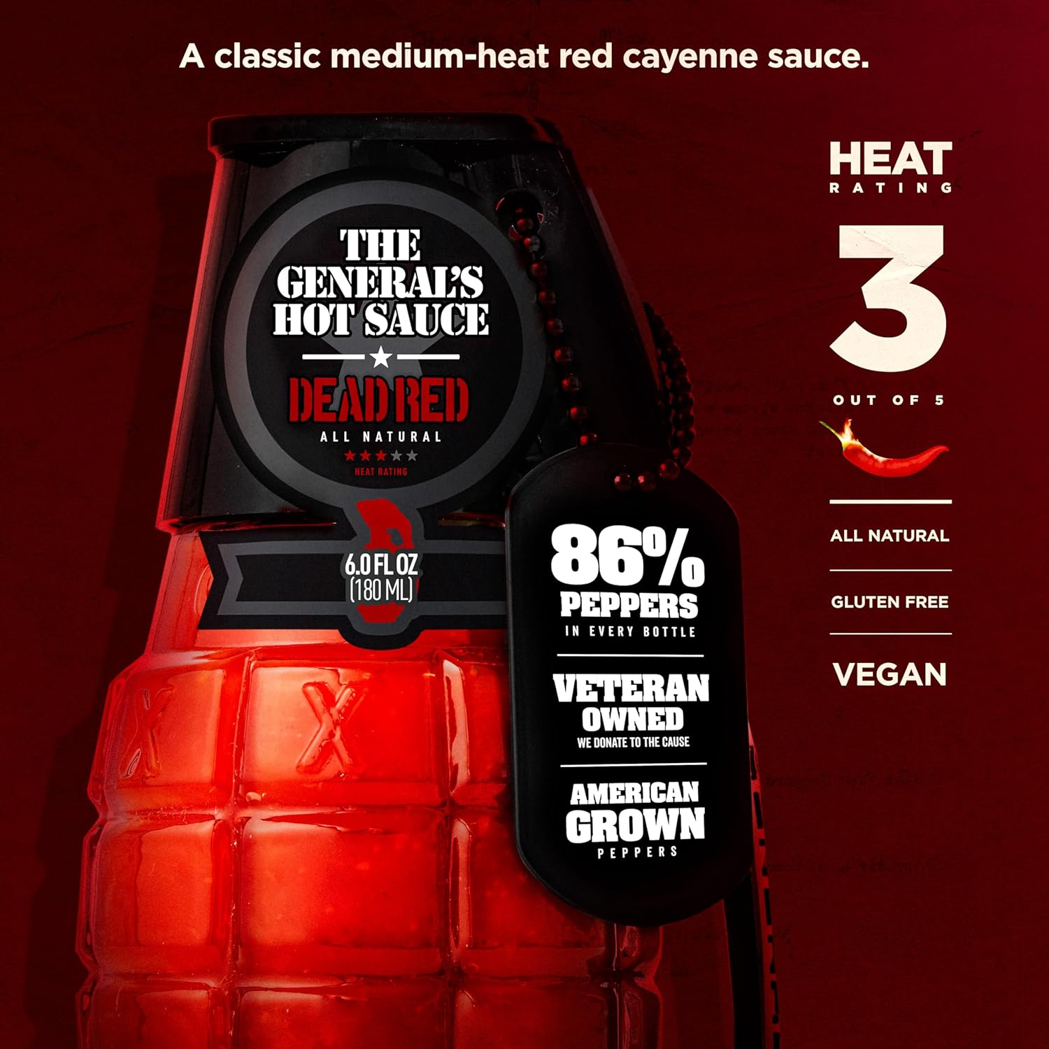 The General's Hot Sauce 'Dead Red' - American Grown Cayenne Pepper Sauce - Veteran Owned & Operated - Gluten-Free, All-Natural Gluten-Free Sauce for Wings, BBQ & Tacos - 6 oz Grenade Bottle