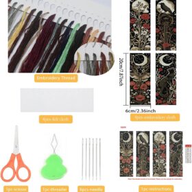 NEGEKFKX 4 Pcs Bohemia Moth Cross Stitch Bookmark Kits – DIY 14 CT Stamped Embroidery Set for Adults Beginners with Pre-Sorted Floss & Patterns