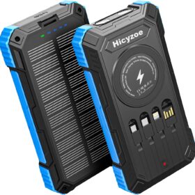 Solar Power Bank 49800mAh with Wireless Charging - 15W Fast QC 3.0 Portable Phone Charger, 4 Built-in Cables, Waterproof External Battery Pack with Flashlight for Camping & Outdoor Emergencies (Blue)