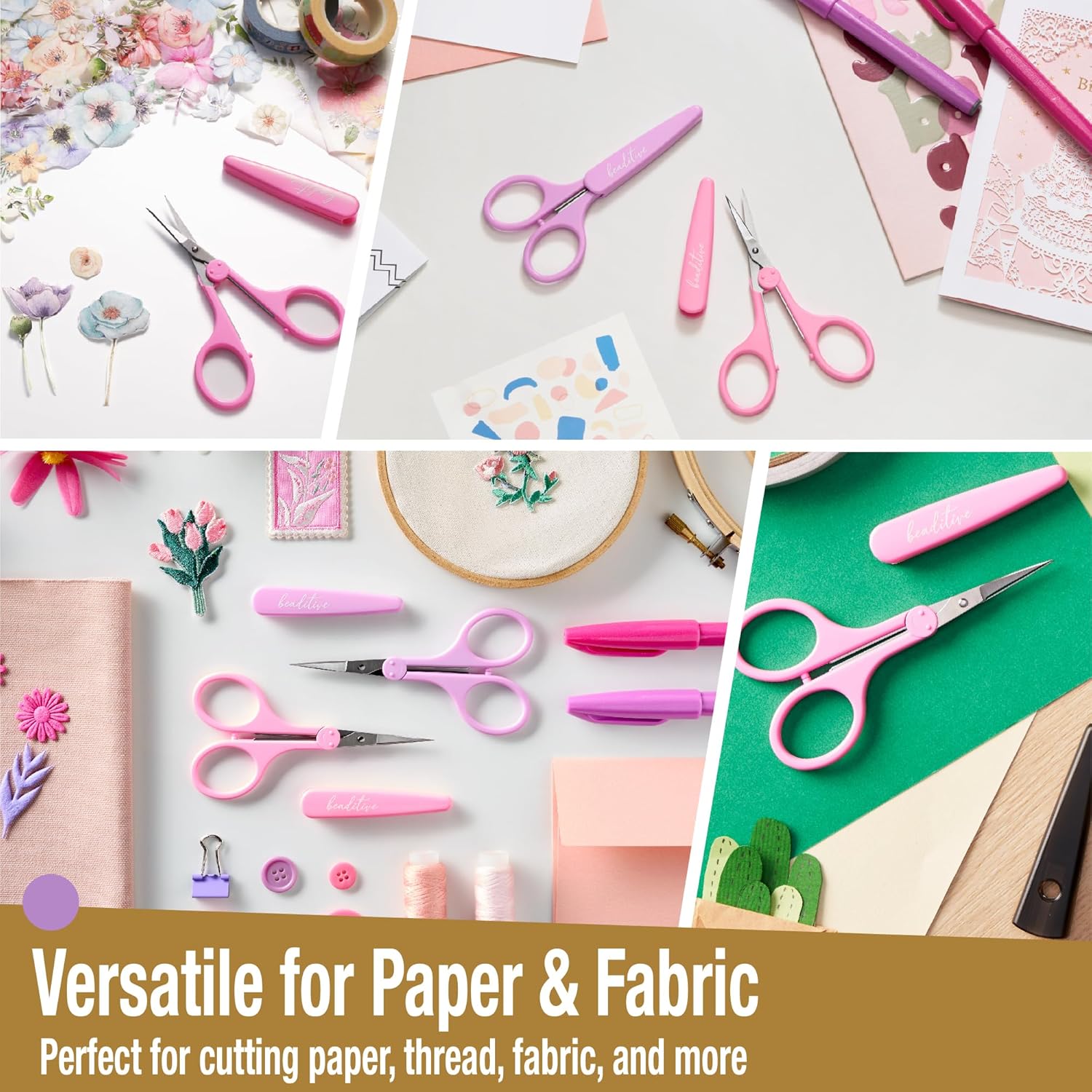 Beaditive High Precision Detail Scissors Set (2-Piece) | Ultra-Sharp Fine Tips for Crafting, Sewing & Scrapbooking | Stainless Steel with Protective Sheaths (Pastel Pink & Purple)