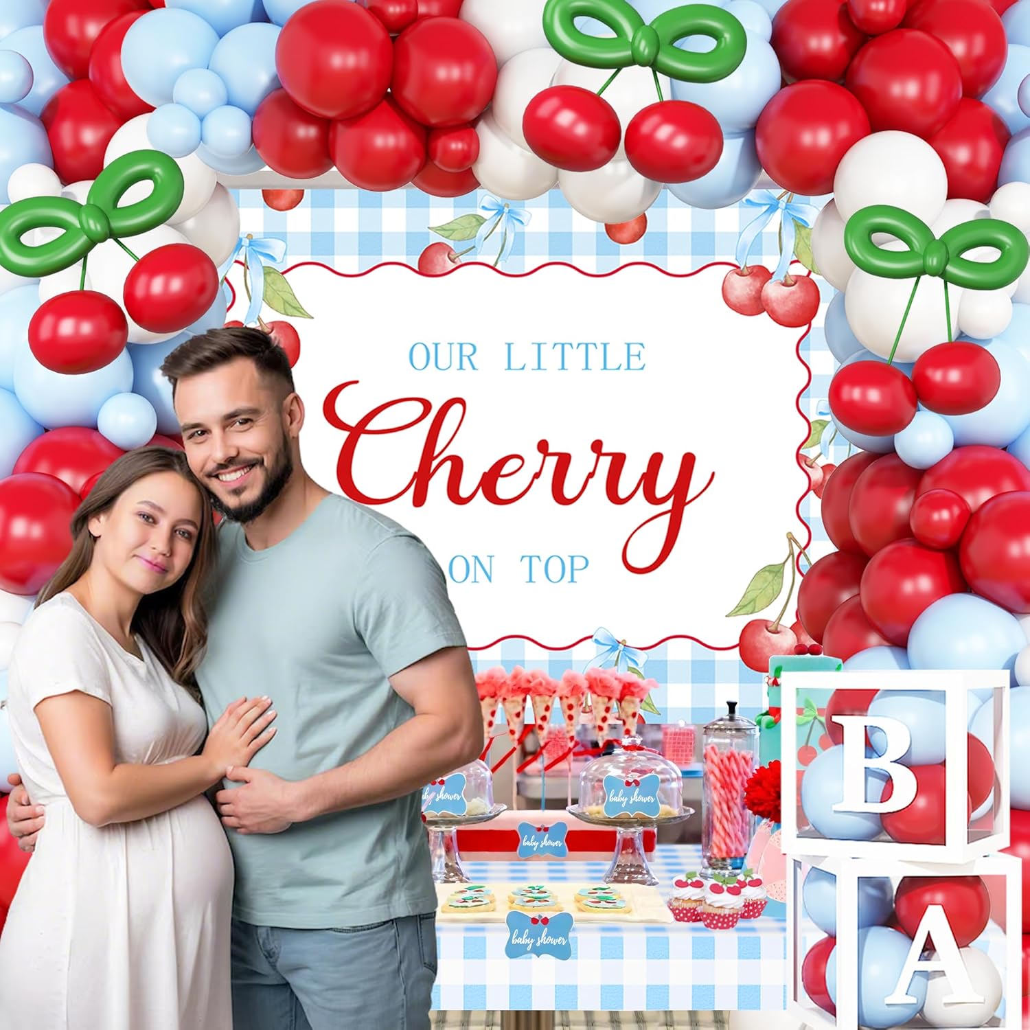 142-Piece Cherry Baby Shower Decorations Kit - 'Little Cherry On Top' Party Set with Balloon Boxes, Garland Arch & Backdrop for Boys or Girls