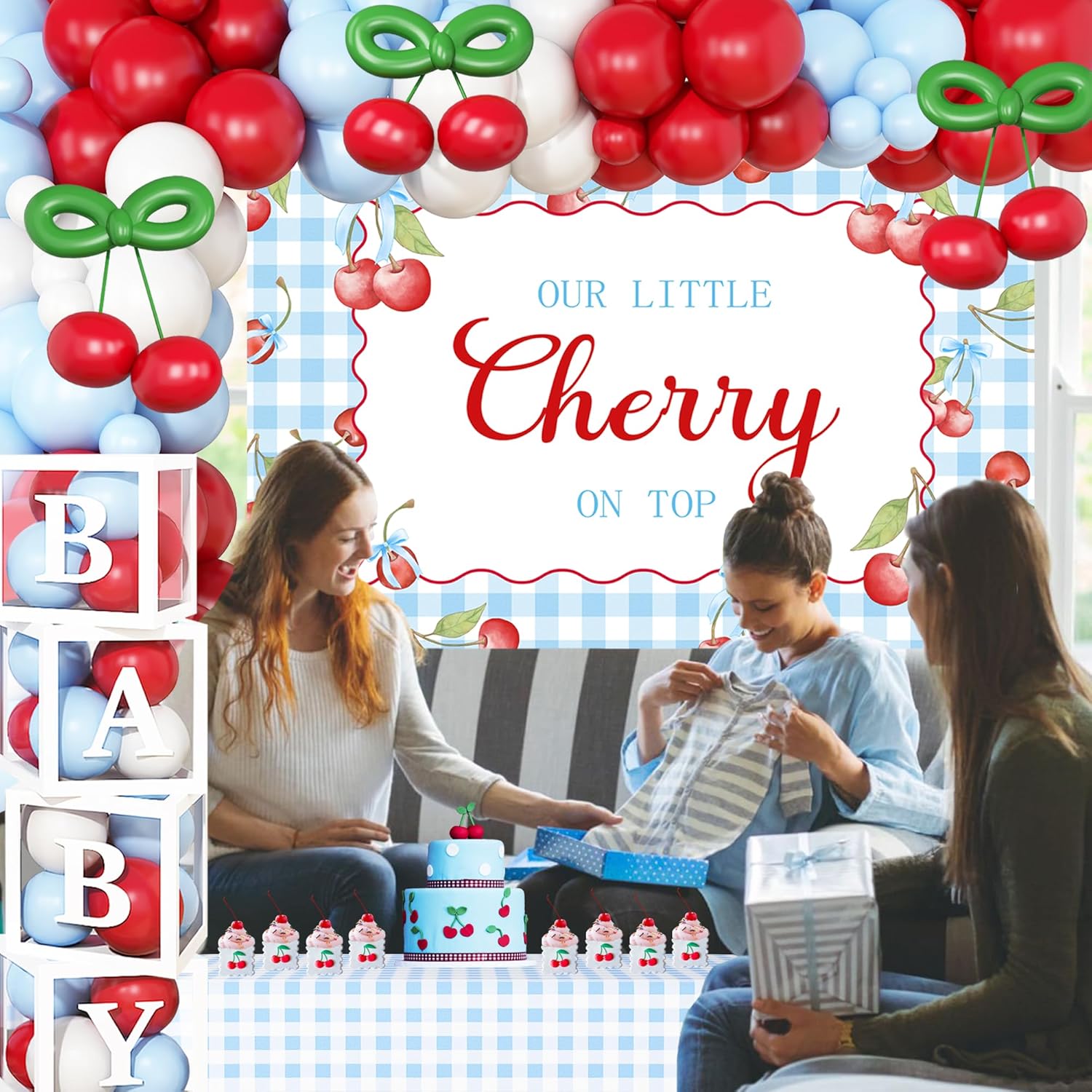 142-Piece Cherry Baby Shower Decorations Kit - 'Little Cherry On Top' Party Set with Balloon Boxes, Garland Arch & Backdrop for Boys or Girls