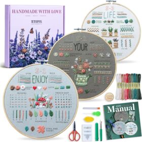 ETSPIL 3-Pack Embroidery Starter Kit for Beginners – Pre-Stamped Floral Patterns, 7.8” Hoop, Floss, Needles & Tutorials – DIY Needlework Craft Gift for Women
