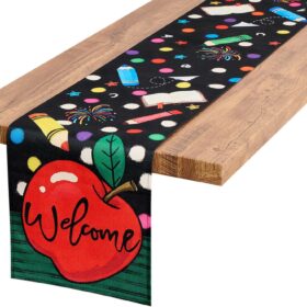 Letjolt Back to School Table Runner – 72 inch Graduation & Teacher Appreciation Party Decor – Educational Crayon & Book Design – Linen-Like Fabric
