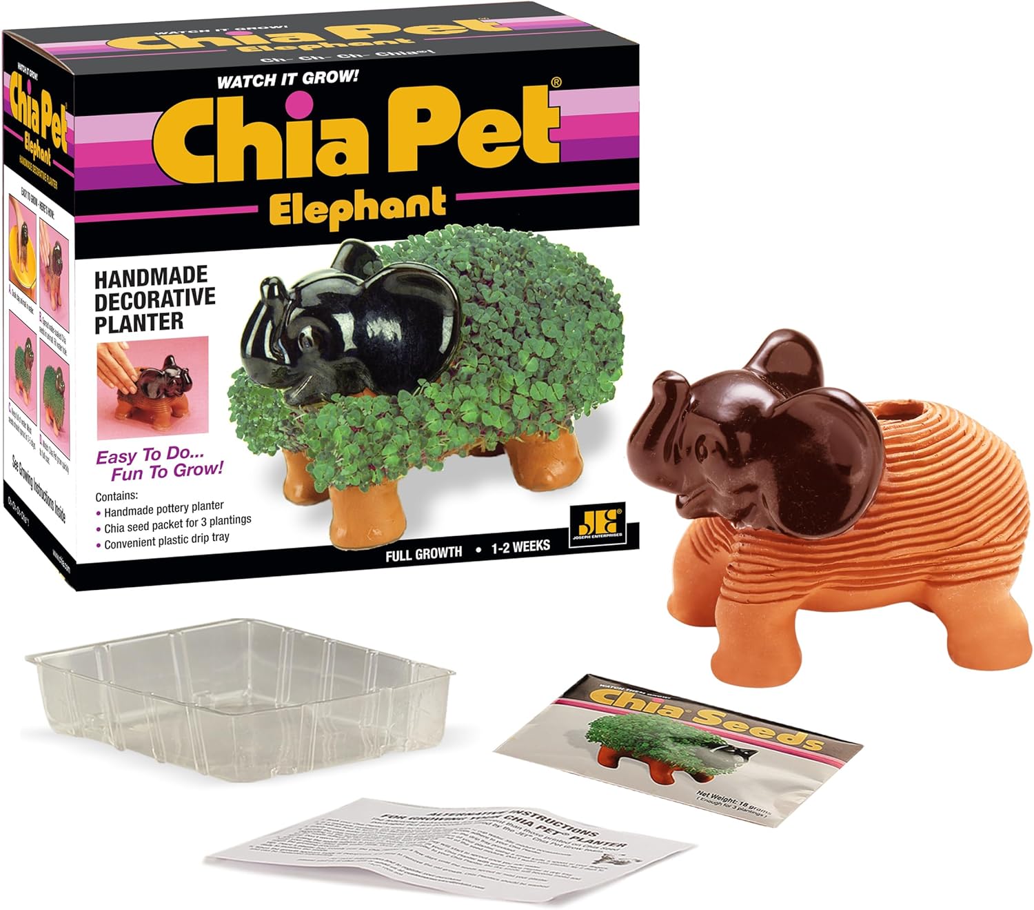 Chia Pet Elephant with Seed Pack - Handmade Pottery Planter, Easy to Grow DIY Kit, Novelty Home Decor & Gift
