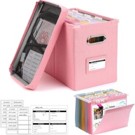K-12 School Years Memory Keeper Box – Portable Pink Linen File Organizer with 15 Hanging Folders & Labels for Kids Keepsake Storage