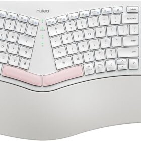Nulea Ergonomic Split Keyboard - Rechargeable Wireless with 2.4G & Bluetooth, Soft Leatherette Wrist Rest & Adjustable Tilt (Rose Gold & White)