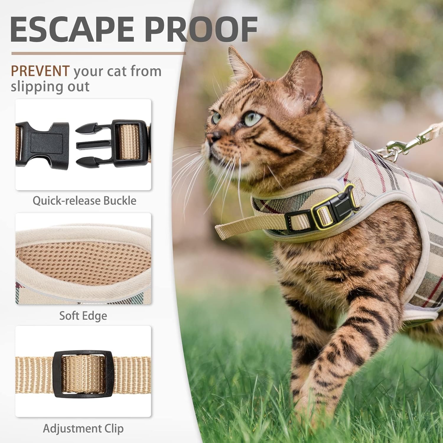 PUPTECK Escape Proof Cat Harness and Leash Set - Soft Mesh Vest for Cats, Small Dogs & Puppies - Plaid Beige, Large
