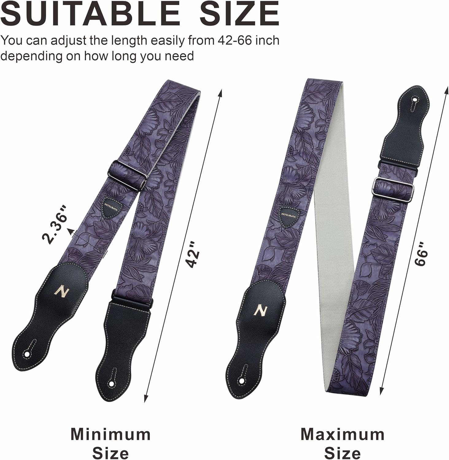 Nefelibata 2.3" Vintage Porter Style Guitar Strap with Pick Pocket – Vegan Leather Carving, Adjustable 42-66 inch (Purple)
