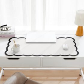 Scalloped Desk Mat – 31.5" x 15.7" Large PU Leather Desk Pad, Black & White Aesthetic Writing Mouse Pad for Office, Vanity & Home Decor