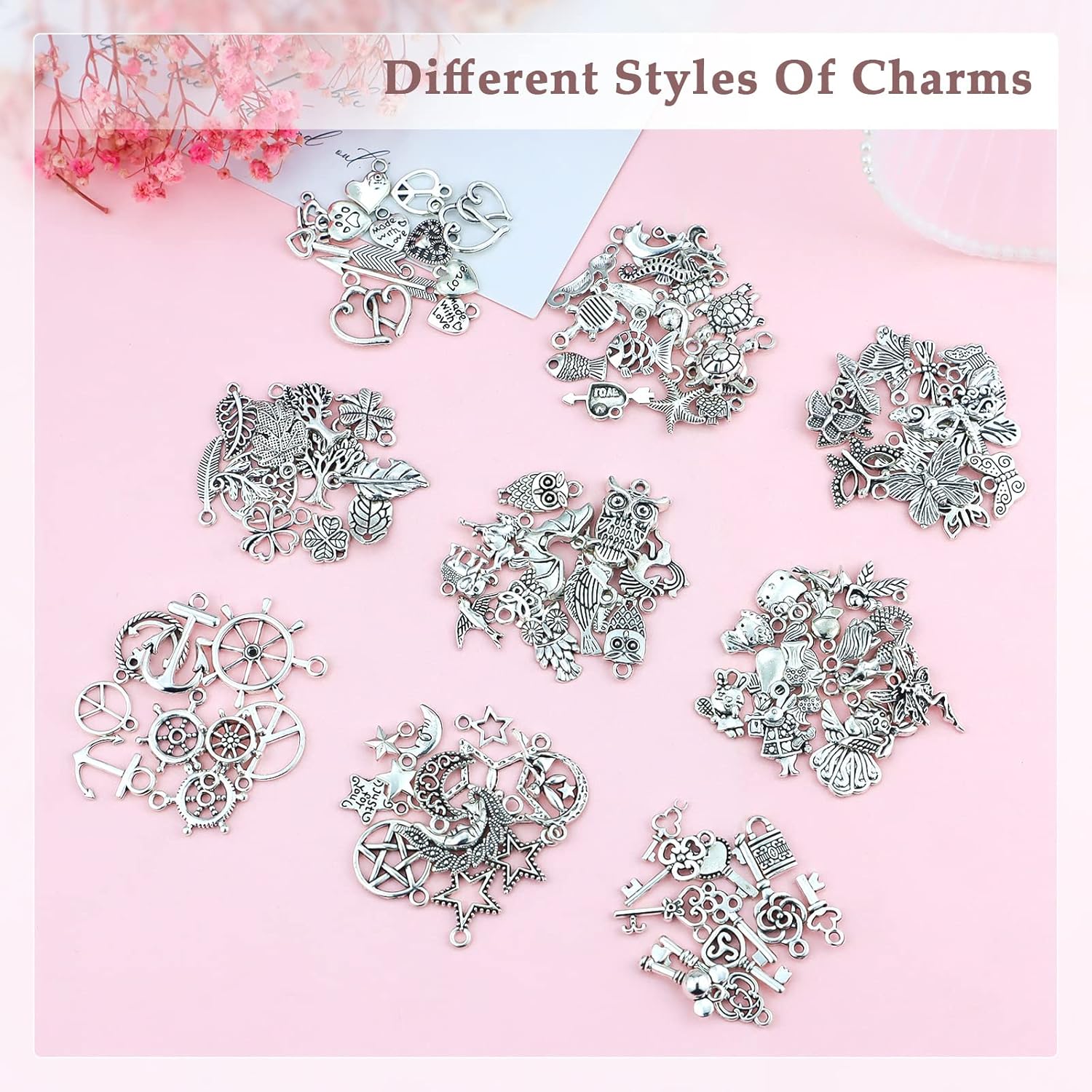 JIALEEY 200-Piece Tibetan Silver Charms Kit – Bulk Mixed Metal Pendants for DIY Necklace, Bracelet & Jewelry Making