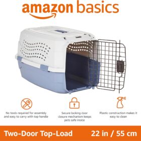 Amazon Basics Hard-Sided Pet Travel Carrier – Top-Load 2-Door Kennel for Dogs & Cats, Gray & Blue, 22.8" L